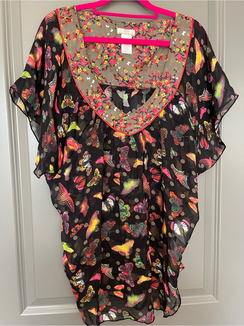 Vintage Y2K sheer Flutter-Sleeve Butterfly Print Blouse -top Med-Large